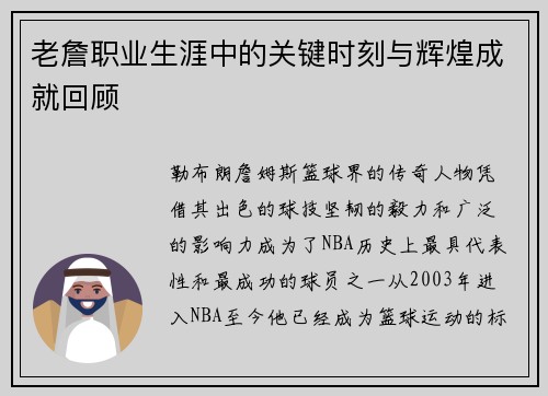 老詹职业生涯中的关键时刻与辉煌成就回顾